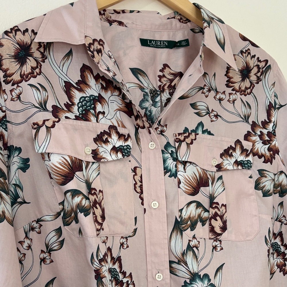 Lauren Ralph Lauren Button-Down Shirt Floral 100% Cotton Blush Pink Plus Size 1X - Picture 4 of 12